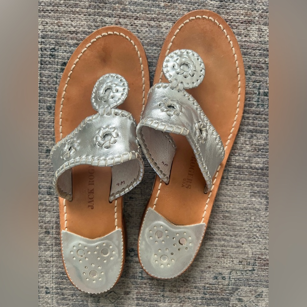 Jack Rogers Silver metallic leather Classic Navajo Women's Sandals size 9